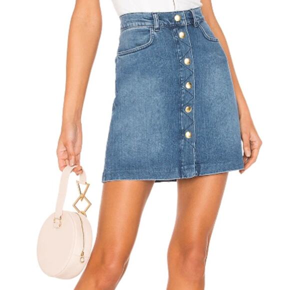 FRAME Denim Claire Mini Skirt Gold Button High Rise A-Line Medium Wash Blue - Picture 15 of 16